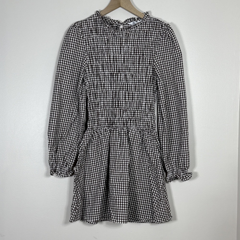 Cupshe Womens Gingham Mini Dress M Brown White Smocked Drop Waist Cottage Dainty